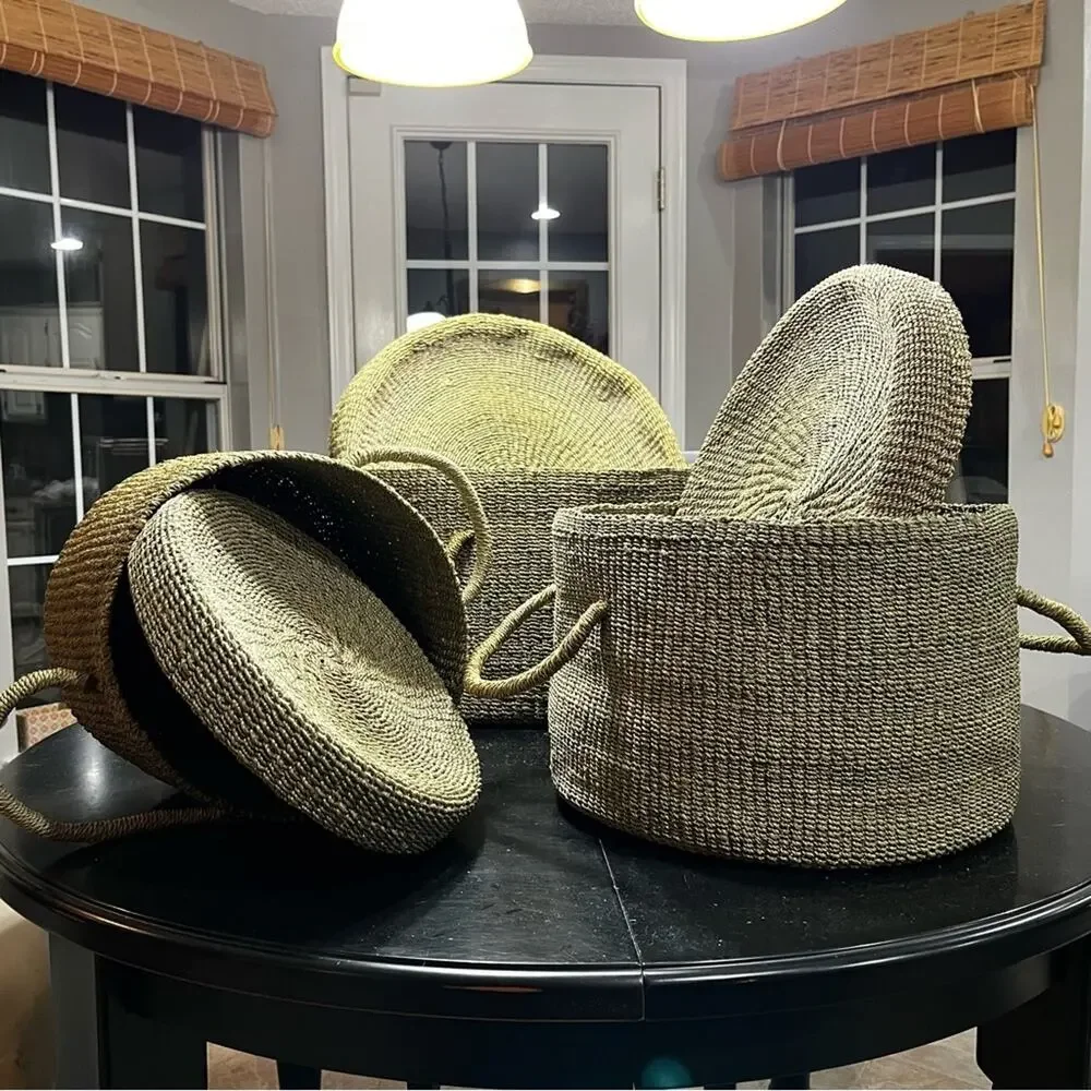 NEW Pottery Barn Round Woven Floor Nesting Storage Baskets Raffia Wicker LG Set